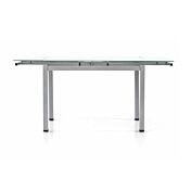 Tavolo allungabile, struttura in metallo e piano in vetro, con allunghe laterali