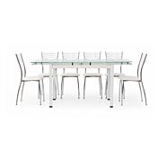 Tavolo allungabile, struttura in metallo bianco e piano in vetro, con apertura laterale