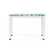 Tavolo allungabile, struttura in metallo bianco e piano in vetro, con apertura laterale