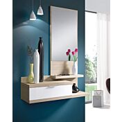 Mobili da ingresso con specchio e cassetto bianco lucido e rovere chiaro