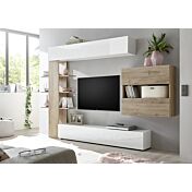 Parete con pensili, libreria e vano a giorno, Bianco Laccato Lucido e Rovere cadiz