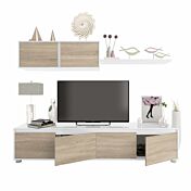 Parete attrezzata moderna, con base tv, pensili e mensola, bianco artik e rovere canadian