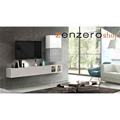 Soggiorno Zenzero moderno, parete attrezzata moderna con pensili in finitura Bianco lucido, Gesso e Grigio Artico