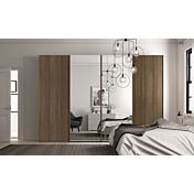 Armadio moderno a 4 ante scorrevoli con 2 specchi, finitura Noce Moro