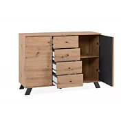 Credenza 2 ante e 4 cassetti, finitura Rovere Oak e Antracite dettagli aperta