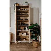 Armadietto Kara multiuso con 2 ante e 6 ripiani, in finitura Quercia ed effetto Rafia