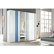 Armadio battente 6 ante con specchio, Bianco frassinato, vetro Azzurro, Ghiaccio e Grigio