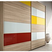 Armadio scorrevole colorato a 2 ante, finitura Vetro giallo, Vetro rosso, Vetro grigio e Olmo