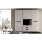 Armadio Allodola con 6 ante battenti e vano Tv, colore Frassino gesso 