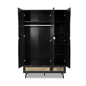 Armadio nero a 3 ante battenti e 2 cassetti, dettagli finitura Oro