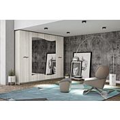 Armadio battente 6 ante con specchio sagomato, finitura Olmo Bianco