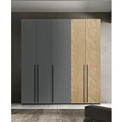 Armadio moderno L.241 H.225 a 5 ante battenti, finiture Royal Oak e Grigio Titanio