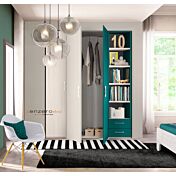 Armadio H.195 con 3 ante battenti, 2 cassetti e libreria in finitura Petrolio LACCATO e Larice