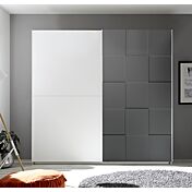 Armadio moderno 2 ante scorrevoli con forme geometriche, 220x210, bianco opaco e grigio opaco