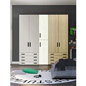 Armadio moderno L.226 a 6 ante e 8 cassetti H.257, finiture Rovere bianco, Royal Oak e Grigio Dorian