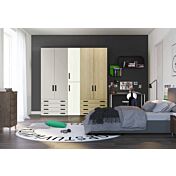 Armadio moderno L.226 a 6 ante e 8 cassetti H.257, finiture Rovere bianco, Royal Oak e Grigio Dorian