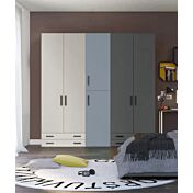 Armadio moderno L.241 a 6 ante e 4 cassetti H.257, finiture Grigio Dorian, Cadaques e Grigio Titanio