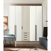 Armadio moderno L.241 a 5 ante e 4 cassetti H.257, finiture Rovere bianco e Noce brina