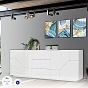Credenza geometrica moderna e di design 4 ante e 3 cassetti, Bianco laccato lucido