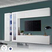 Parete attrezzata di design con vetrina L.280 cm, finitura Bianco lucido
