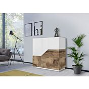 Innovativa Credenza geometrica alta 2 ante, colore Bianco lucido e Pero