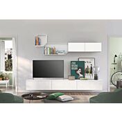 Parete attrezzata sospesa per zona living, rovere bianco e bianco opaco