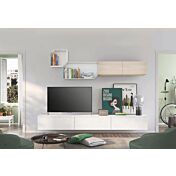 Parete attrezzata sospesa per zona living, Rovere bianco e noce brina