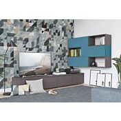 Parete attrezzata ad angolo con base TV e pensili con vani a giorno, titanio e cadaques