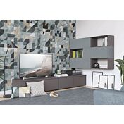 Parete attrezzata ad angolo con base TV e pensili con vani a giorno, titanio e rovere gesso