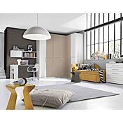 Cameretta salvaspazio con armadio angolare e divano letto, finitura Bianco frassino e Tortora