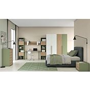 Camera con un letto singolo e armadio in finitura Bianco opaco, Royal Oak e oliva