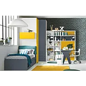 Cameretta con divano letto e armadio angolare, finitura Girasole, Blu reale e Bianco frassino Zenzero Shop