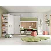 Cameretta con a letto castello e armadio angolare, finitura Cemento artico, Oliva e Royal oak