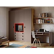 Cameretta con libreria, armadio e letto in Bronzo, Noce biondo e Corallo