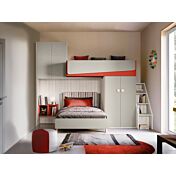 Cameretta soppalco con letto 1 piazza e mezza, finitura Bianco altea e Corallo