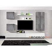 Parete attrezzata bianca laccato lucida, beton, gesso e mensola Bianca