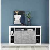 Conveniente Madia moderna a 2 ante e 3 cassetti, finitura Cemento e Bianco lucido