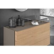 Comò moderno piedini plexiglass a 3 cassetti, finitura Noce biondo e Grigio cenere