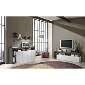 Soggiorno moderno composto da porta tv e madia a 4 ante in finitura bianco e ossido