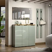 Scarpiera 3 ante a terra, Salvia laccato opaco e Rovere Zenzero Shop