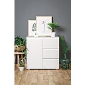 Conveniente credenza 1 anta e 3 cassetti, colore Bianco opaco