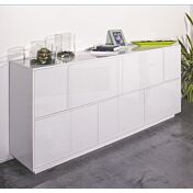 Moderna madia con cinque ante a ribalta e due ante battenti in finitura bianco laccato lucido