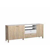 Mobile credenza con 3 ante, 2 cassetti e vano a giorno, Rovere sonoma e Bianco