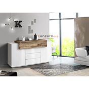 Credenza bianca e pero con 2 ante, 3 cassetti e una ribalta