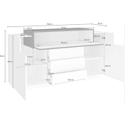 Credenza bianca e pero con 2 ante, 3 cassetti e una ribalta