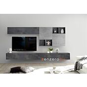 Soggiorno Zenzero, parete attrezzata con pensili vasistas e ribalta e cubi, finitura Ossido e Beton