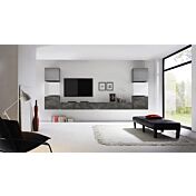 Parete attrezzata con 2 ribalte e 6 cubi, finitura bianco lucido, piombo e gesso