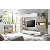 Sala moderna con parete attrezzata e madia, finitura Bianco Lucido e Rovere Cadiz