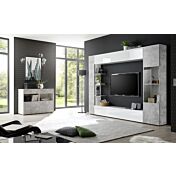 Sala moderna con parete attrezzata e madia, finitura Beton e Bianco Lucido