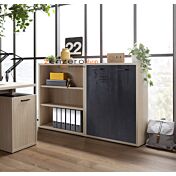 Librerie Leonardo basse con ante e ripiani in finitura Rovere e Nero chalet 